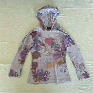 y2k tattoo print rhinestone embellished hooded longsleeve